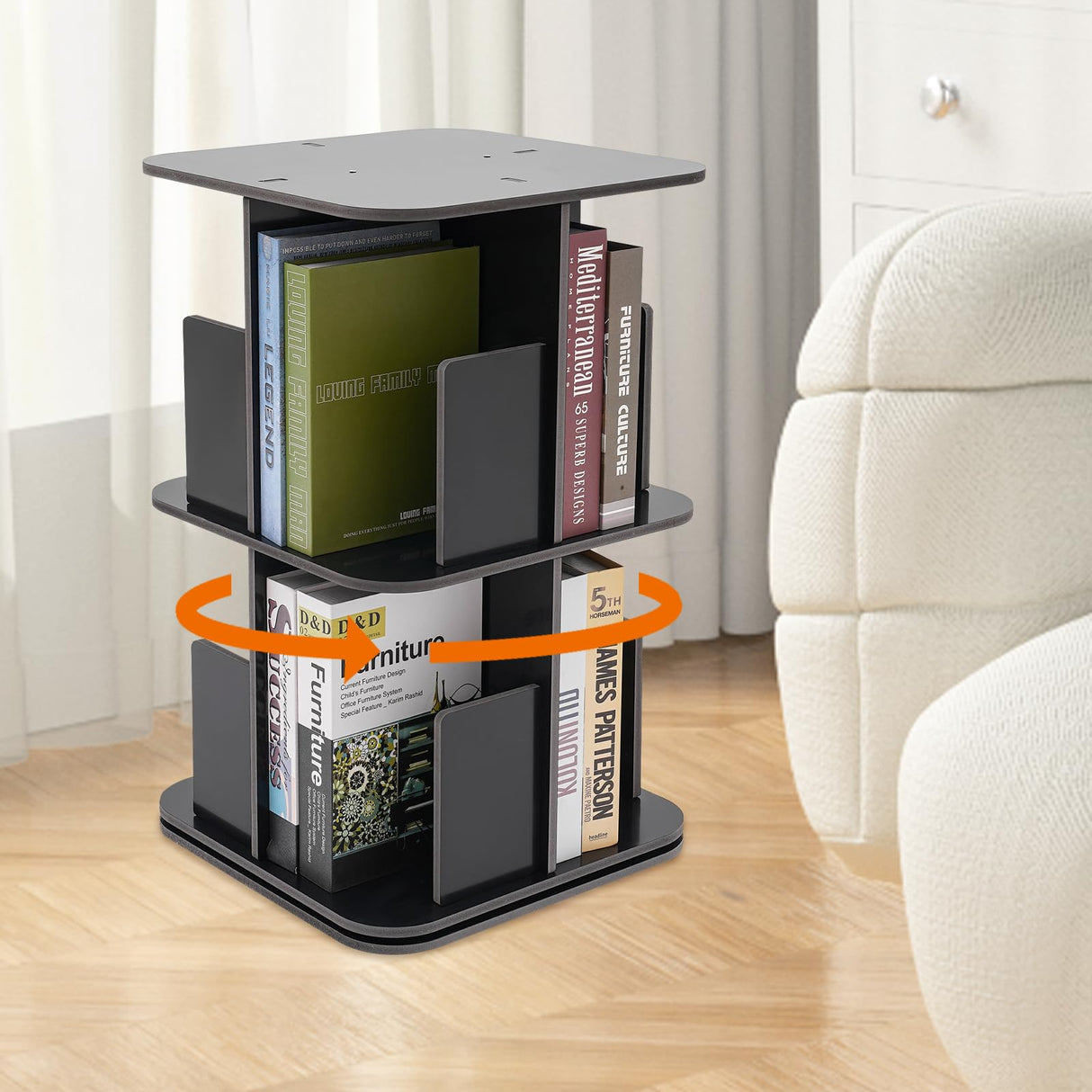 KONGKUNI Modern 2 Tier 360° Rotating Corner Bookshelf for Small Spaces - Stylish Black Desktop Bookcase KONGKUNI