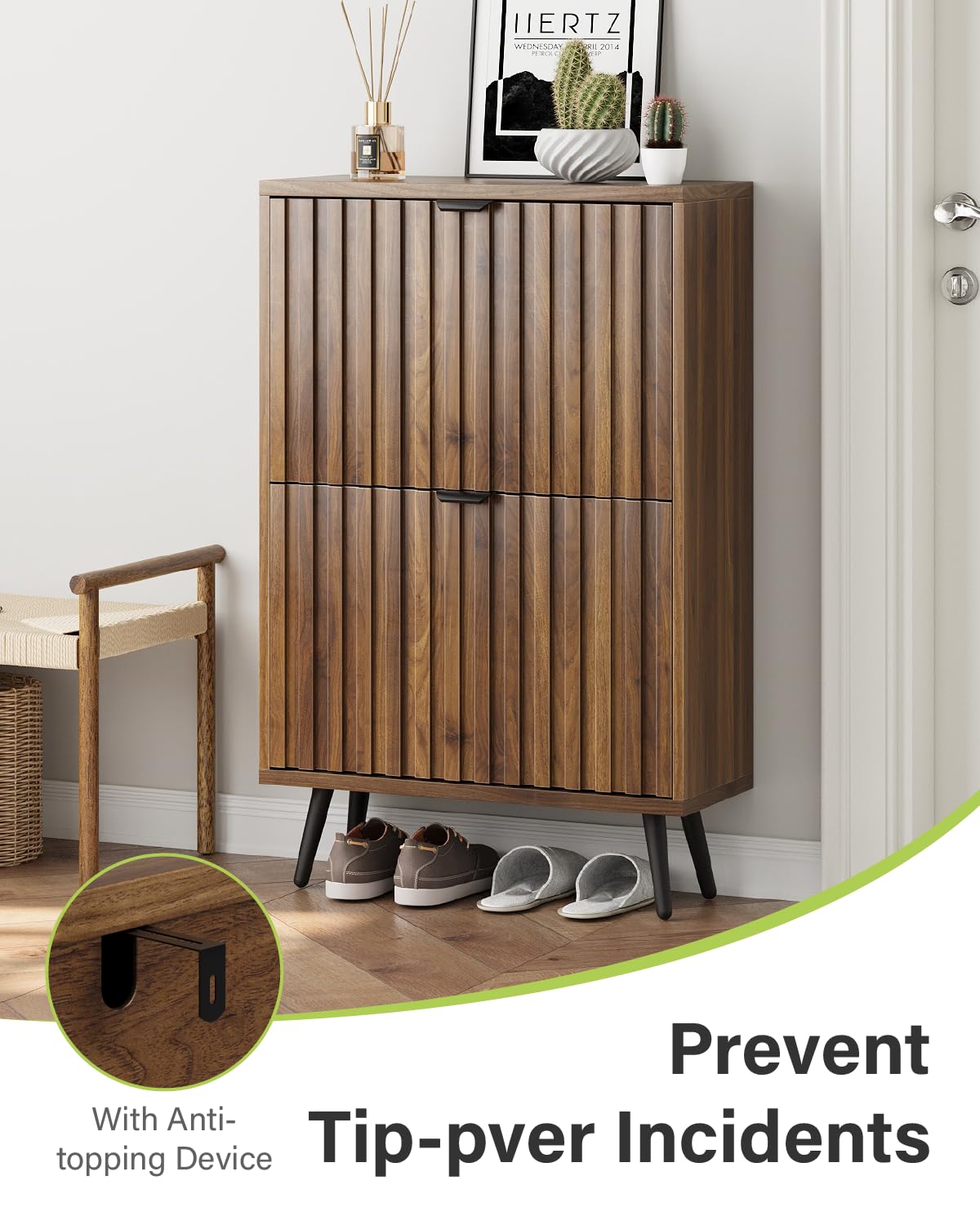 Smart FENDEE Shoe Cabinet, Slim Fluted Shoe Cabinet Storage for Entryway, Walnut Hidden Shoe Cabinet with Metal Legs and Flip Doors Smart FENDEE