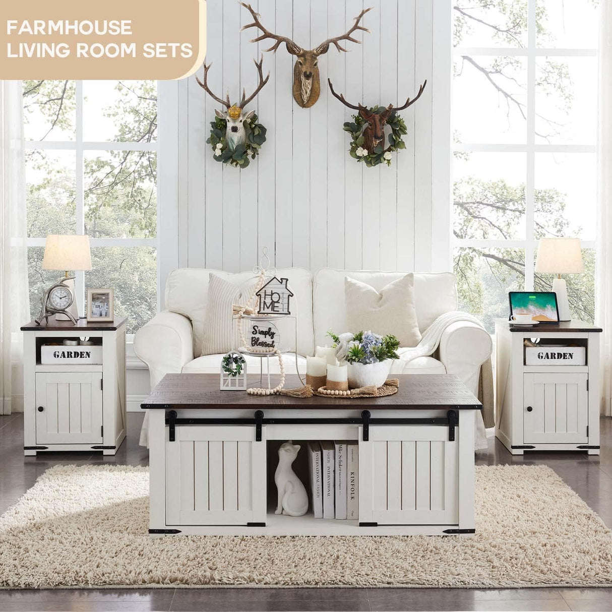 IFGET Lift Top Coffee Table with Double Storage Spaces, Farmhouse Rustic Wood Center Table with Sliding Groove Barn Door, Coffee Table Converts to Dining Table for Living Room Office (White) IFGET