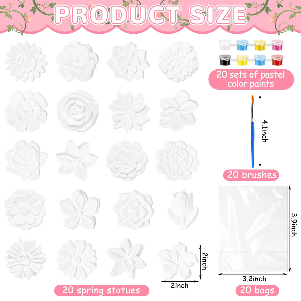 JellyArch 20 Set Flower DIY Painting Kit Ceramic to Paint Your Own Statues Unpainted Plaster Figurines Brushes Acrylic Paints Bags Party Favor for Adults JellyArch