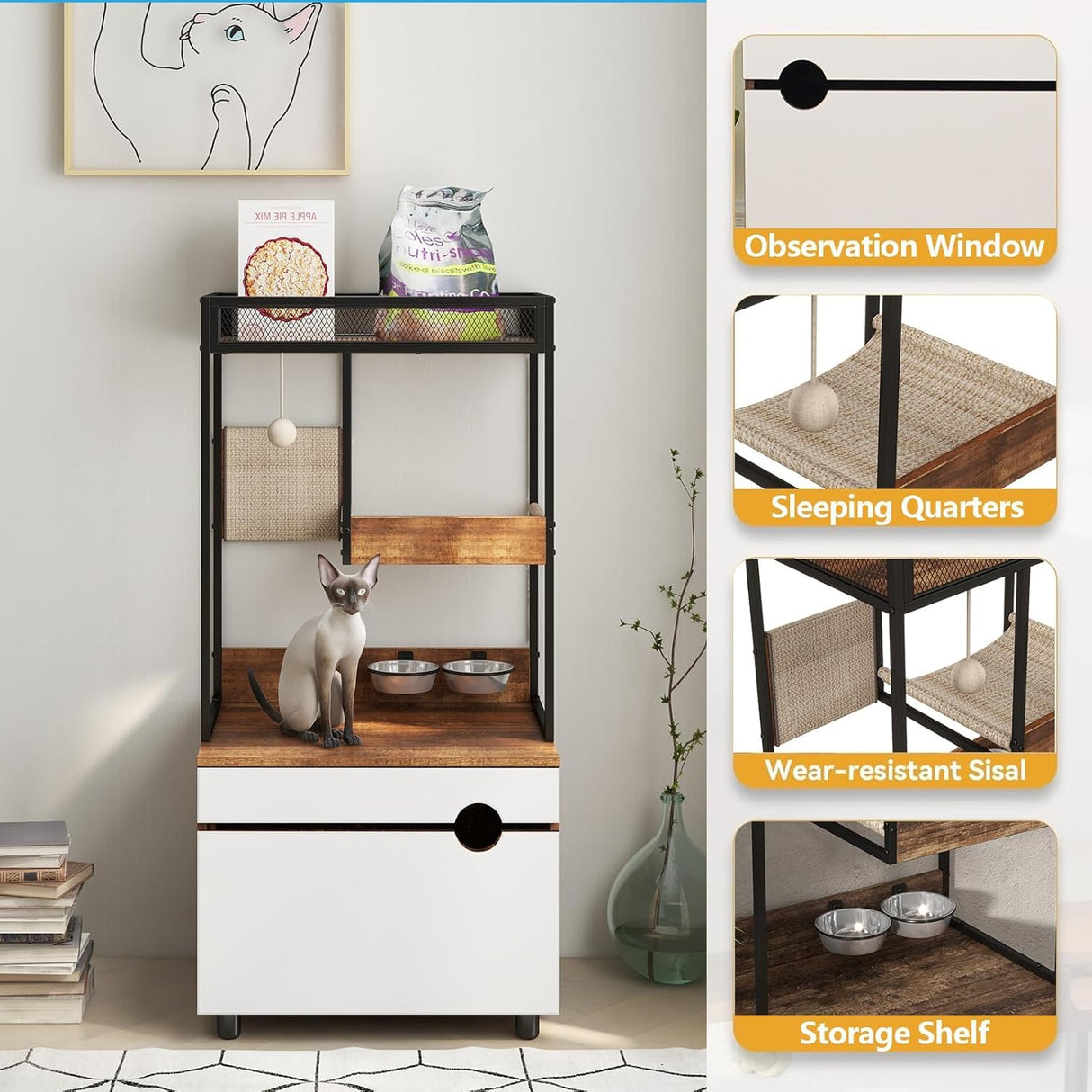 Cat Litter Box Enclosure with Shelve and Cat Scratching Pad, Hidden Litter Box Furniture Cat Cabinet with Cat Feeding Station, 48.4 Inch Wooden Cat Washroom Furniture Indoor Cat House FocusOnHome