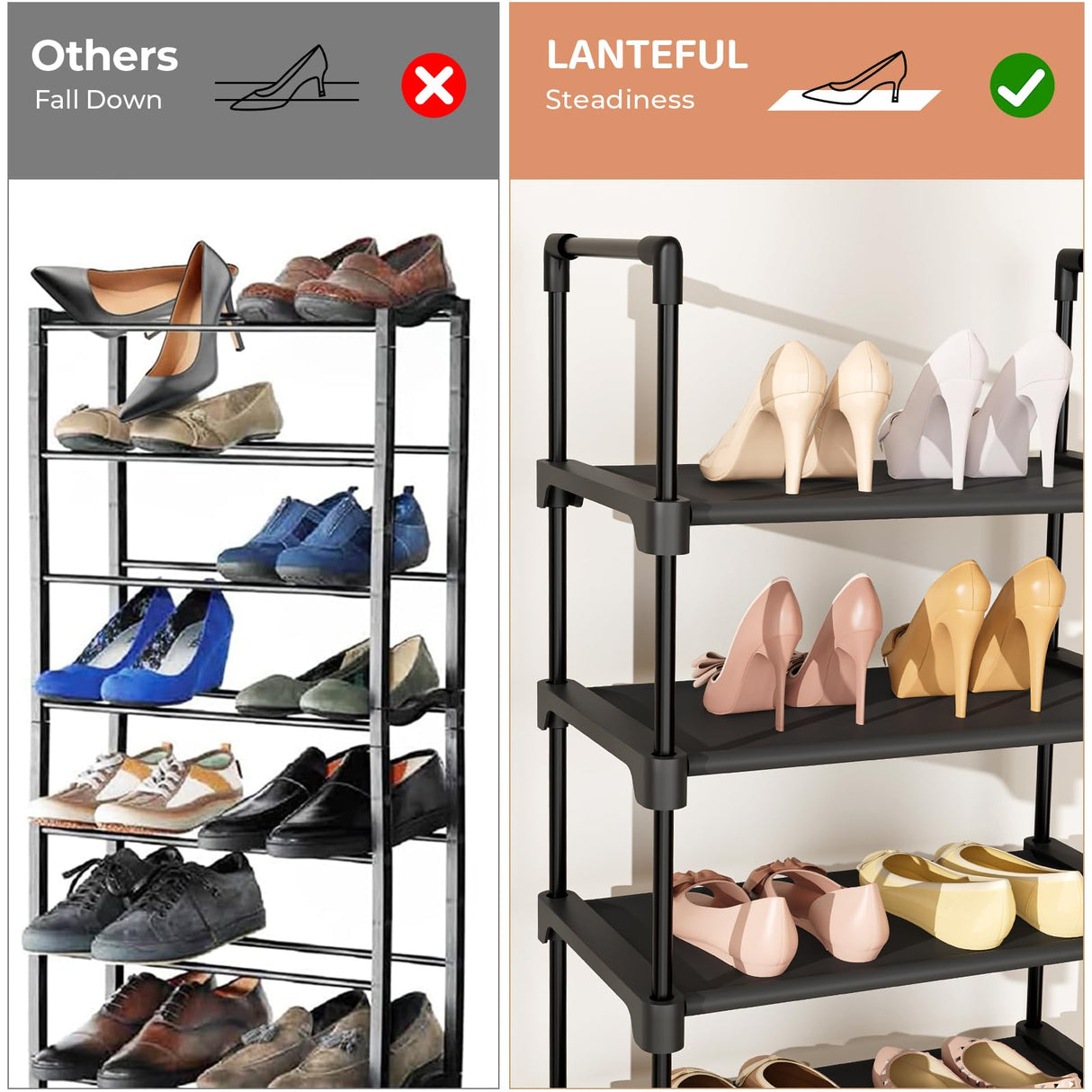 LANTEFUL Tall Shoe Rack 8 Tiers, 16-20 Pairs Shoe and Boots Organizer Storage Sturdy Shoe Shelf, Narrow Vertical Shoe Rack for Entryway, Closet, Metal Shoe Organizer with 5 Hooks LANTEFUL