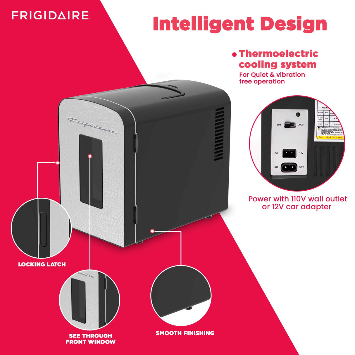 Frigidaire Portable 9-Can Mini Cooler Fridge, 5L, Brushed Stainless Rugged, Window, EFMIS189-SS, Clear Door, Glass Frigidaire
