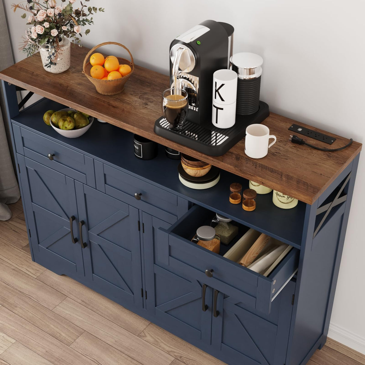 Befrases Farmhouse Buffet Cabinet with Drawers & Open Shelf, Sideboard with Storage, Kitchen Pantry Cabinet Hutch, Coffee Bar Station for Kitchen, Livingroom, 52" L Blue Befrases