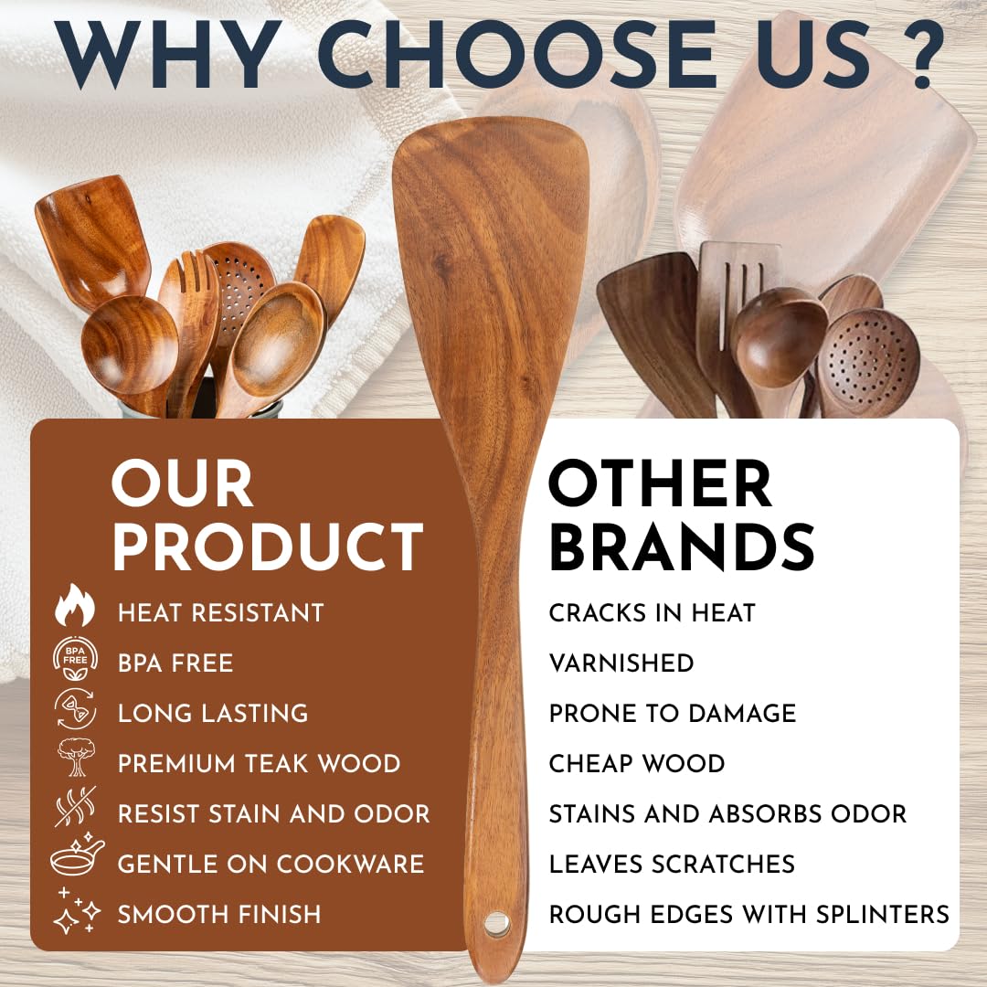 Teak Wooden Utensil Set 6-Piece - Smooth Finish Bamboo Wooden Spoons for Cooking Comfortable Grip, Non Scratch Premium Teak Wood Kitchen Utensils Set Culinary Couture