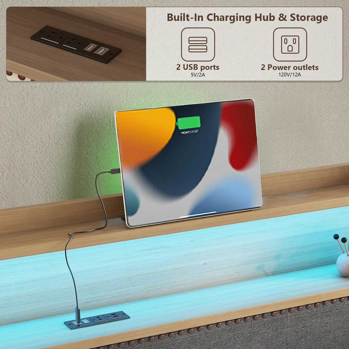 Twin Upholstered Daybed & Roll-Out Trundle, Linen Frame with LED Light, Built-in Charging Station, Storage Headboard & Rolling Guest Bed for Living Room Bedroom Guest Room, Gray Lyngins