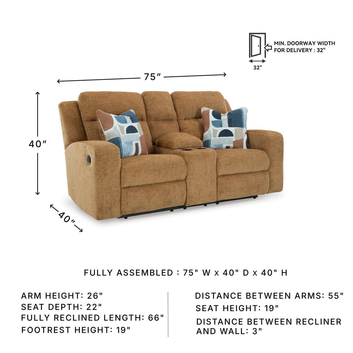 Signature Design by Ashley Kanlow Contemporary Manual Double Reclining Loveseat with Console, Storage, Cup Holders and 2 Accent Pillows, Light Brown Signature Design by Ashley
