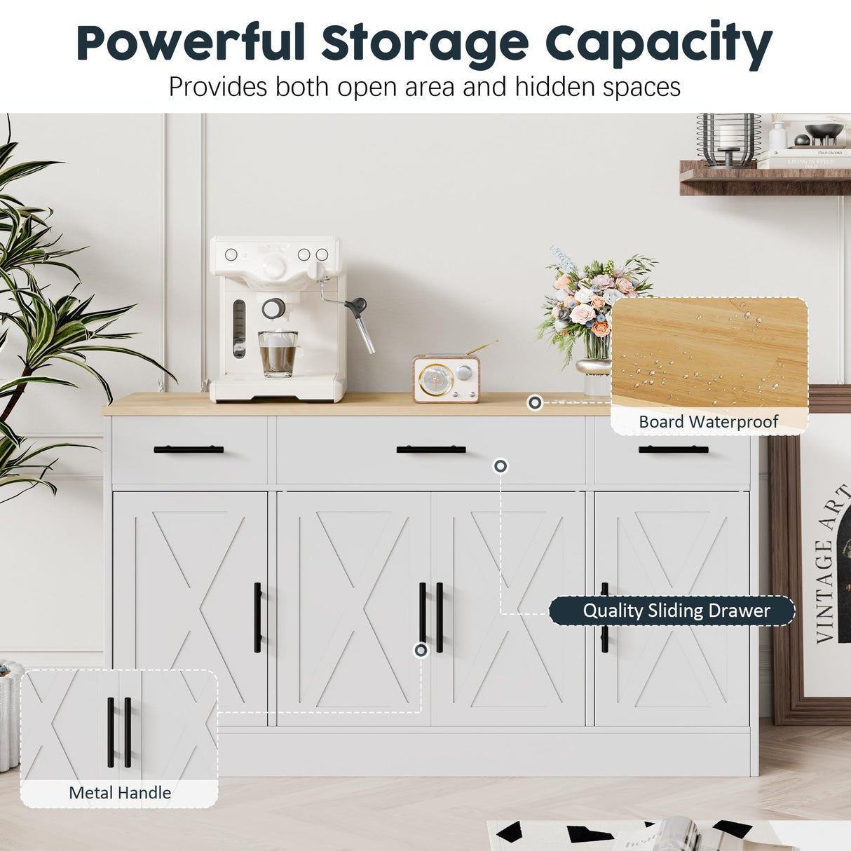 SUNLEI Buffet Cabinet with Storage, Farmhouse Storage Cabinet with 4 Doors and 3 Drawers, Coffee Bar Station Wood Buffet Table with Adjustable Shelf for Living Room, White SUNLEI