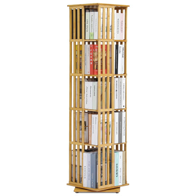 SFIHOME Bamboo Rotating Bookcase 5-Tierd Rotating Bookshelf Tower for Storage, Revolving Floor Standing Book Shelves 360 Degree Spinning Bookshelf for Living Room, Bedroom, Office and Library