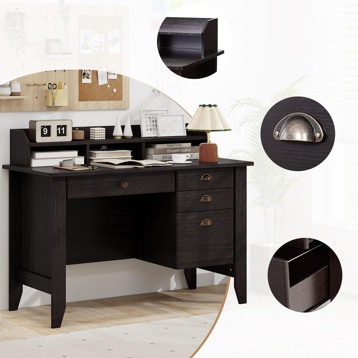 Safeplus 48" Computer Desk with 4 Storage Drawers and Hutch Wood Executive Table for PC Laptop Safeplus