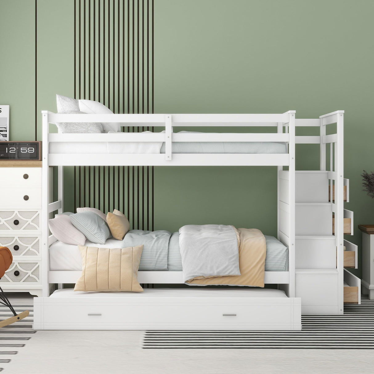 Harper & Bright Designs Twin Over Twin Bunk Bed with Trundle and Staircase, Solid Wood Bunk Bed for Kids Teens Adults (Natural White) Harper & Bright Designs