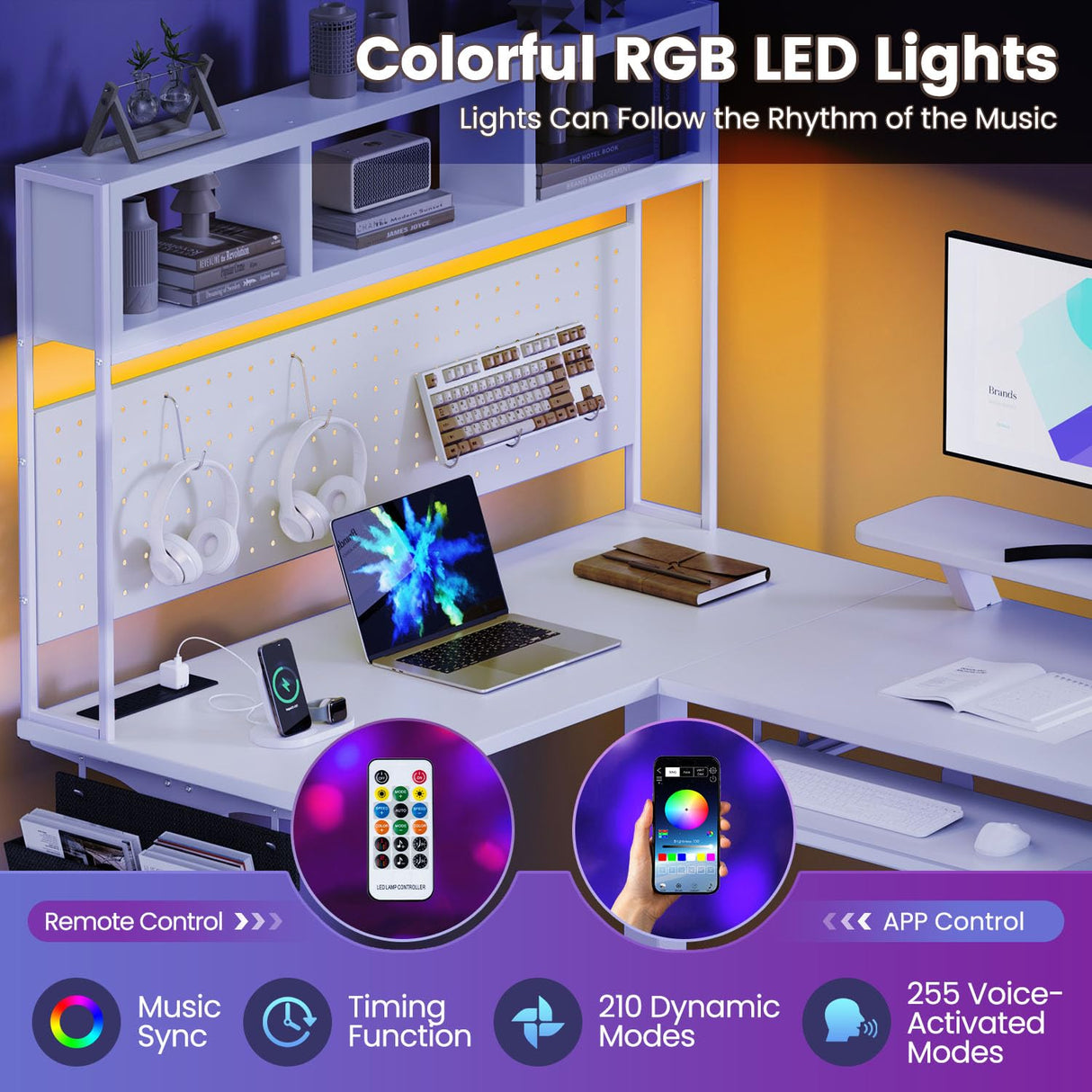 Flycity Electric L Shaped Standing Desk Adjustable Height, 67" x 47" Corner Computer Desk with Host Shelf, Gaming Desk with LED Lights & Power Outlet, Dual Motor Home Office Desk with Storage, White Flycity