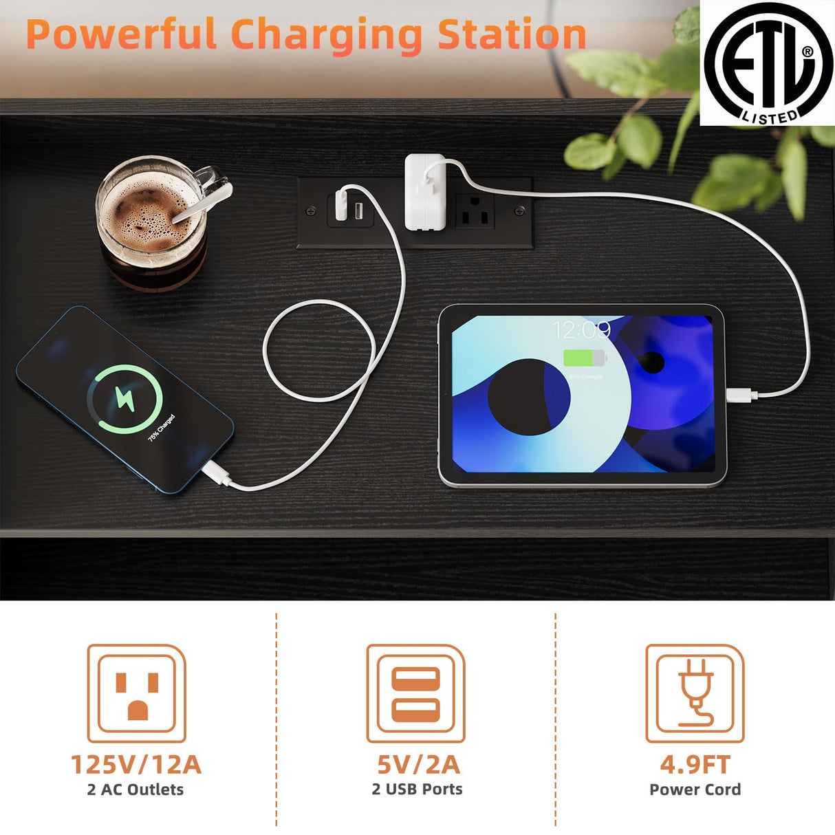 Memobarco Nightstand with Charging Station and LED Light,Modern Nightstand with USB Ports and Outlets,Wooden Bedside Tables with 2 Storage Drawers,Small Dresser for Bedroom Small Space,Black Memobarco