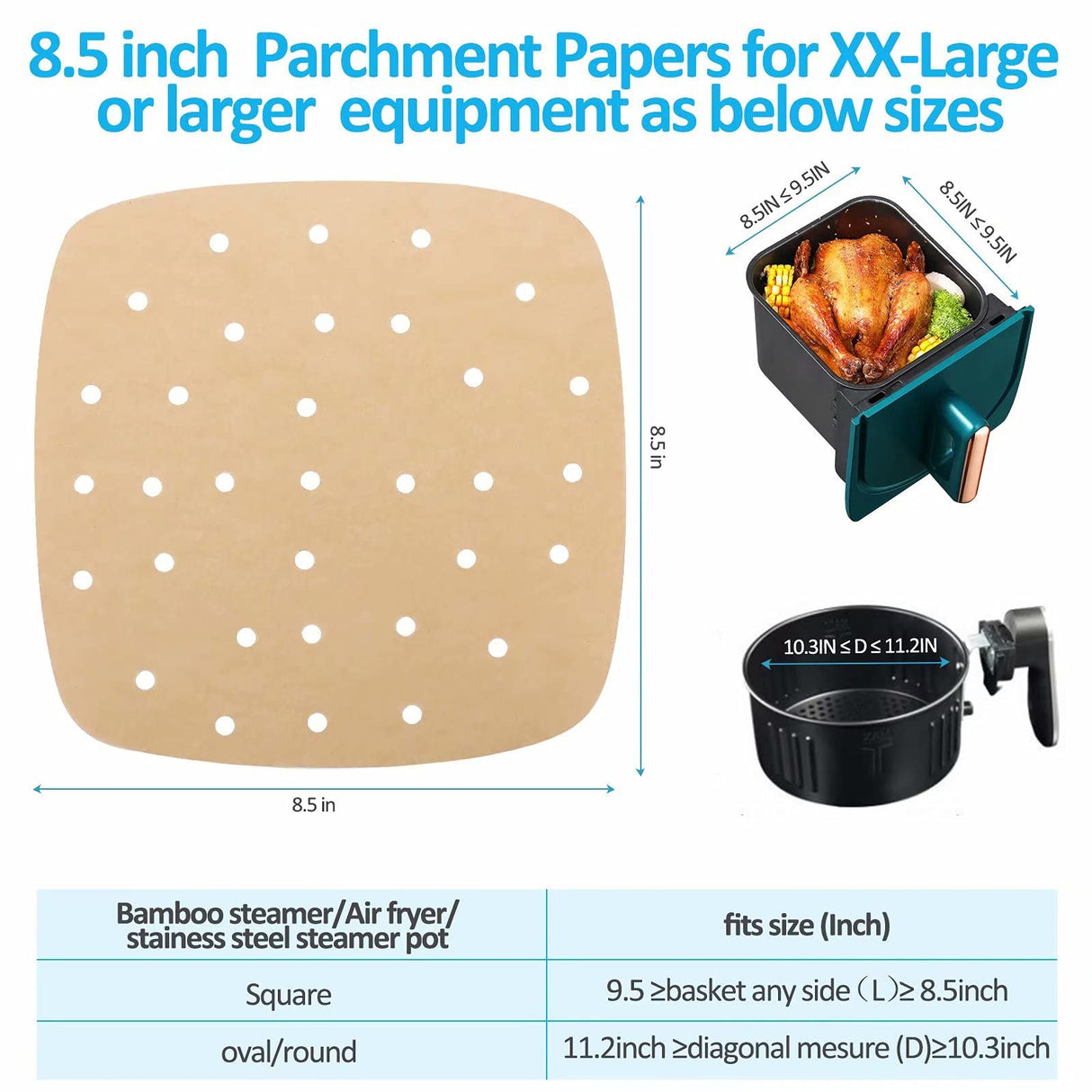 Air Fryer Parchment disposable Paper Liners: 200PCS 8.5 inch Square Perforated parchment paper, Premium Bamboo Steamer Liner for Air Fryers Baking Cooking Oven DNSSY