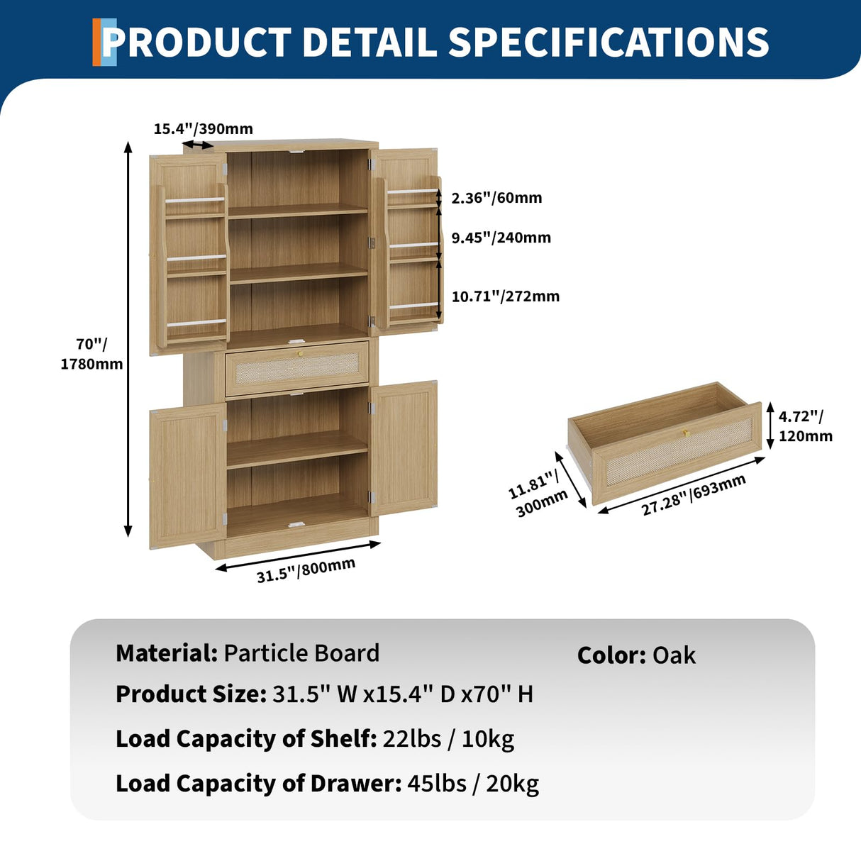 PeacefulHues 70inch Tall Kitchen Pantry, Rattan Cupboard Storage Cabinet with 1 Drawer and 6 Door Shelves for Dinning Living Room Kitchen Laundry, Natural Oak PeacefulHues