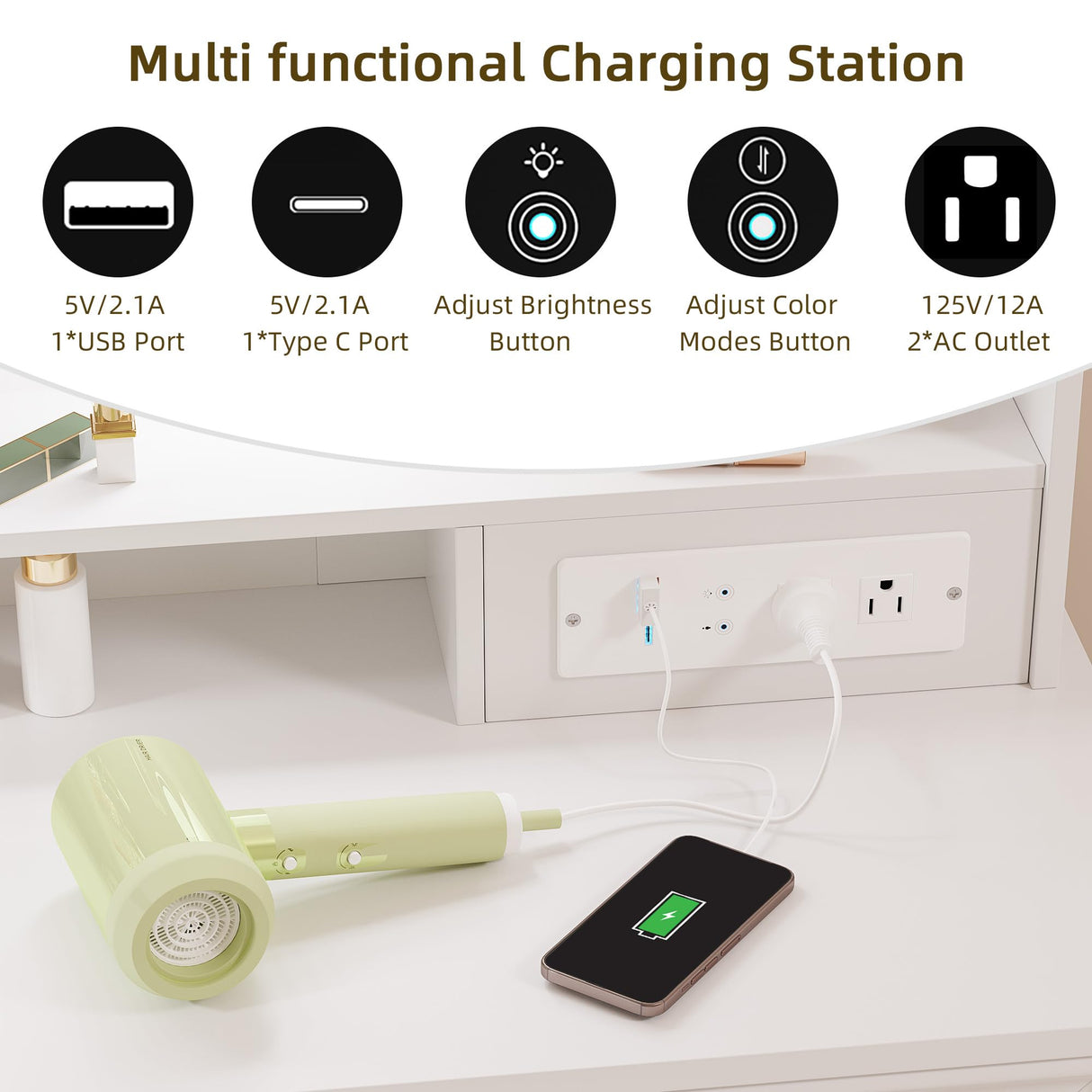 Ylued Vanity Desk with Mirror and Lights Power Outlet, 39 inch Makeup Vanity with Charging Station, Mid-Century Modern Dressing Table with 2 Drawers for Bedroom, White Ylued