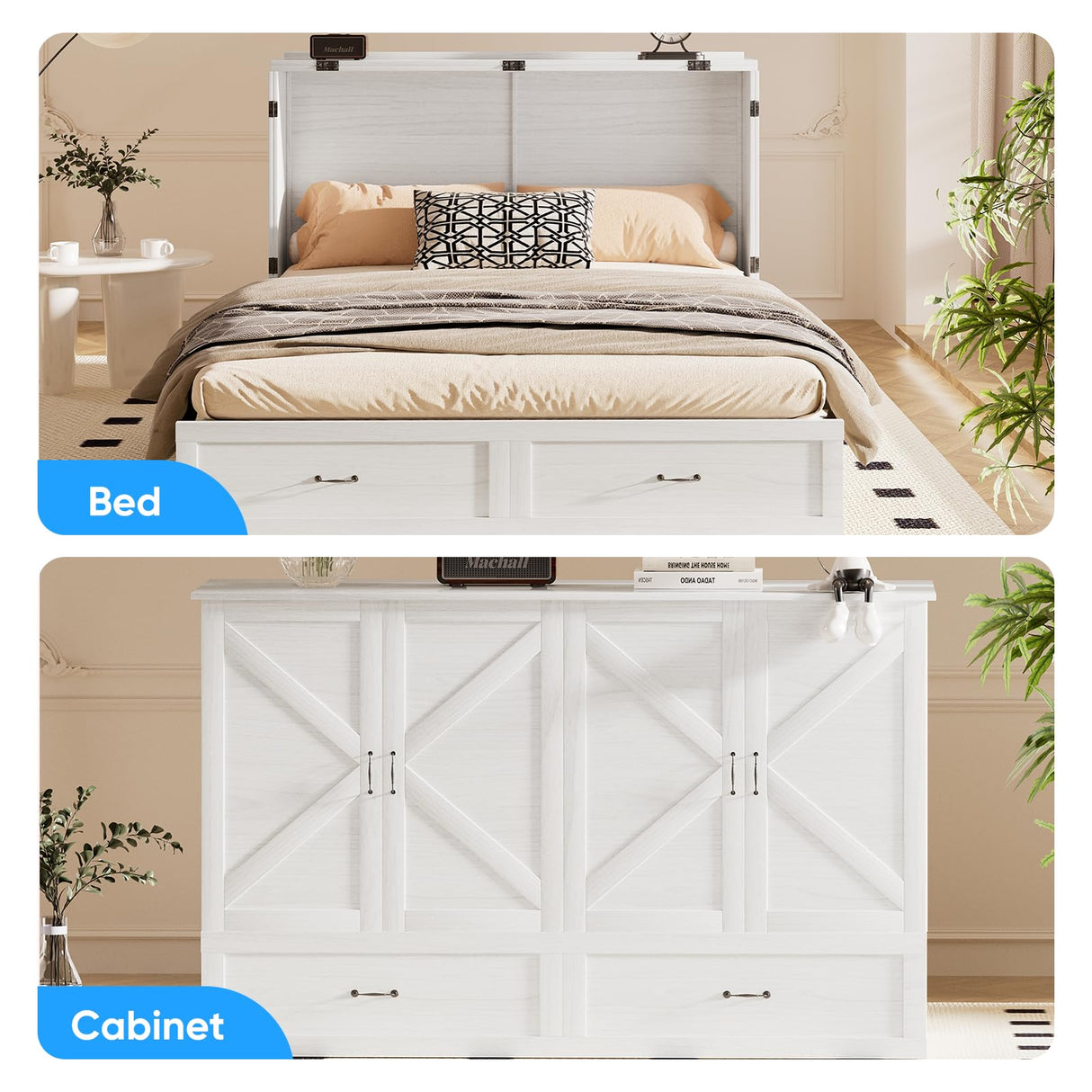 PUREMIND Queen Murphy Bed Cabinet with Mattress Included, Bedroom Cabinet Beds with USB Charging Station, Murphy Chest Bed with Storage Drawers, Horizontal Wallbed for Guest Room White PUREMIND