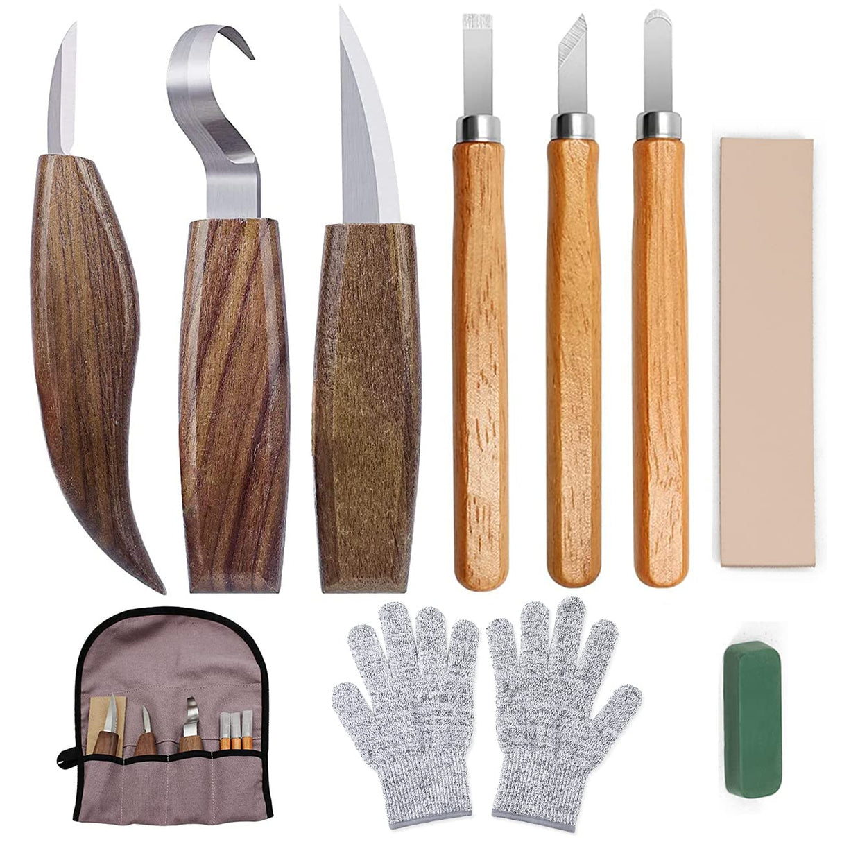 10Pcs Wood Carving Knife Set Beginner Kit, Convenient Tools Set Cut Resistant Gloves Spoon Carving Hook Knife, Wood Carving Whittling Knife, Chip Carving Detail Knife Sandpaper for Woodworking Rvetol