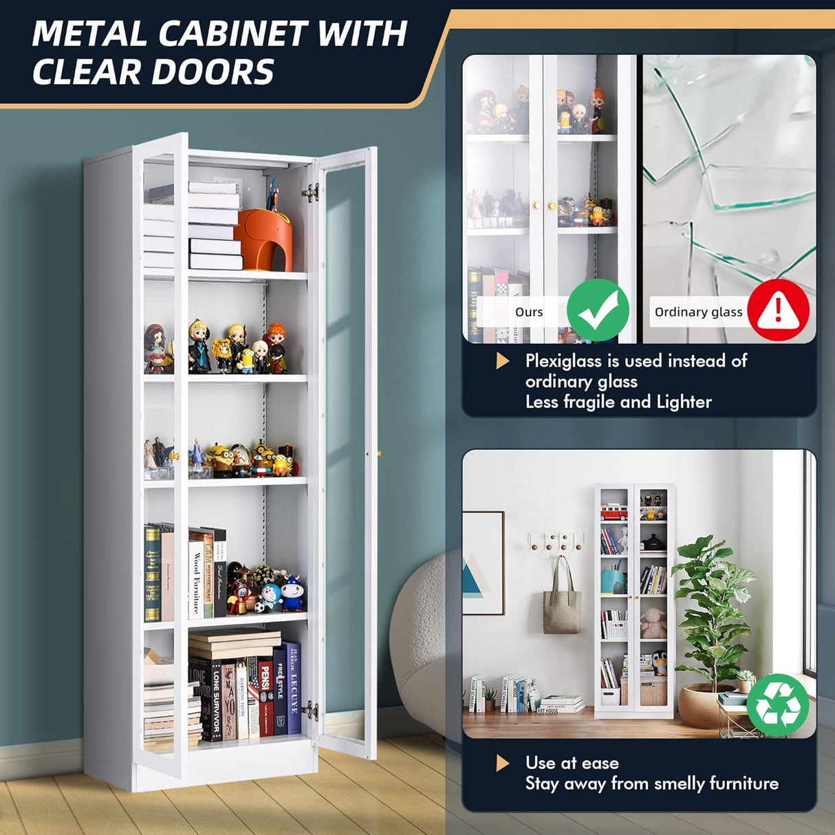 Alvisyd 72" Modern White Metal Display Cabinet with Adjustable Acrylic Doors and 5 Tiers Alvisyd