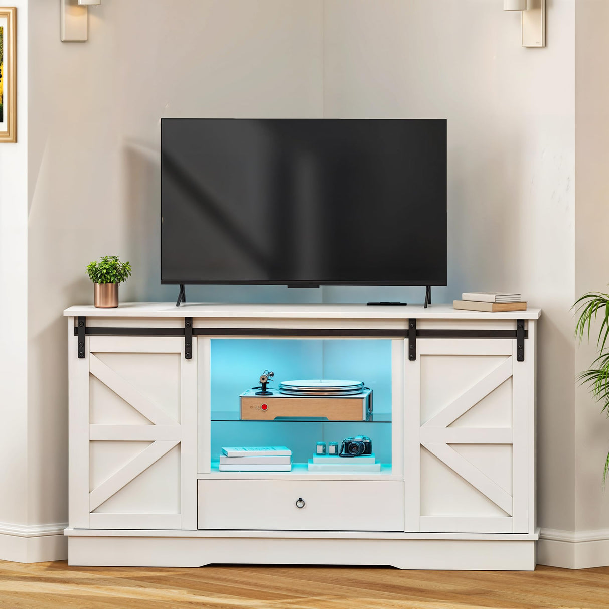 YITAHOME Corner TV Stand for 55/65 Inch TV, Corner Entertainment Center, Media Console Living Room Furniture, TV Cabinet with Sliding Barn Door, Power Outlet and LED Light Strip, White YITAHOME
