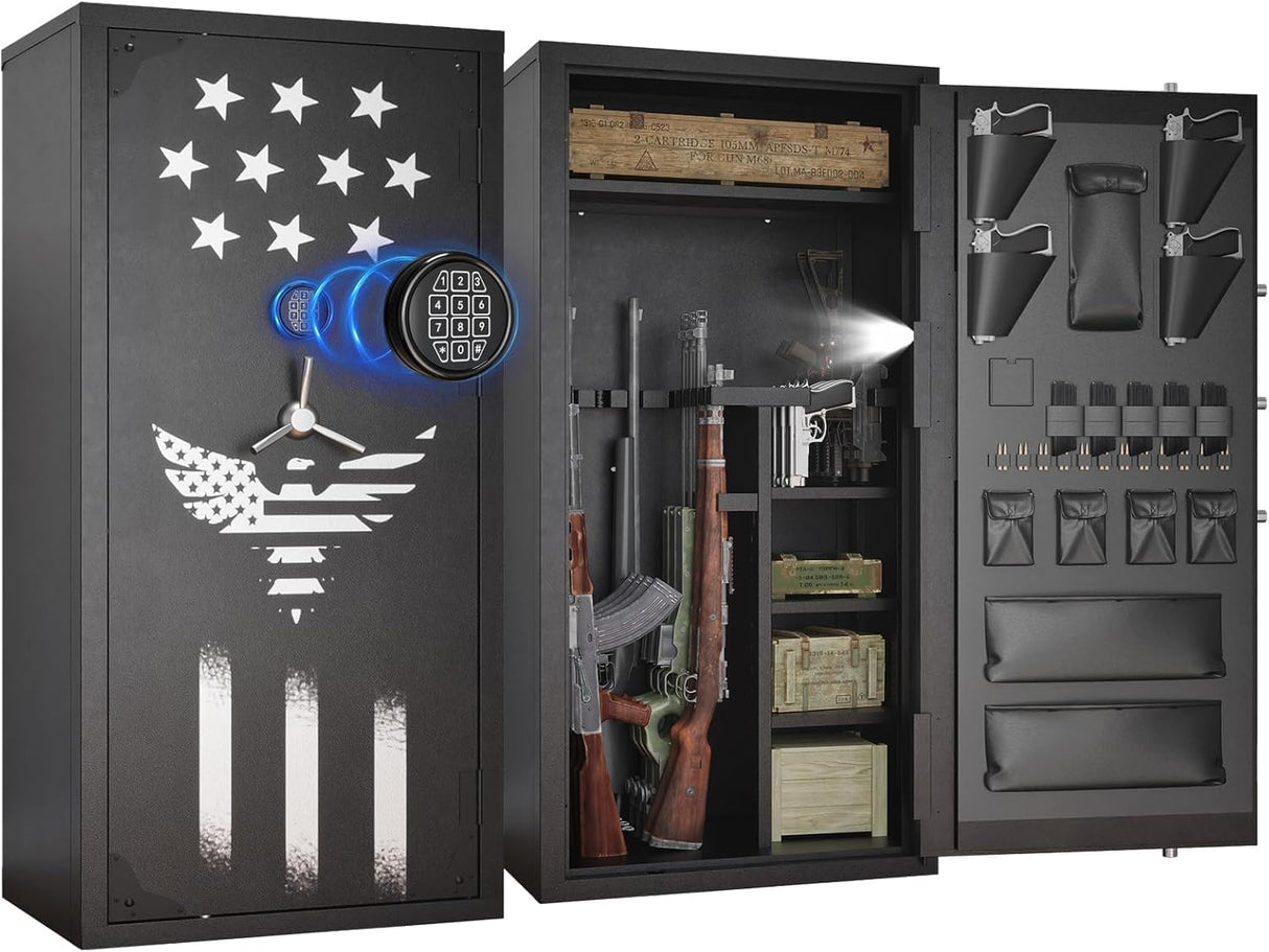 Large Rifle Safe, 30-40 Gun Safe for Rifle and Shotgun/Rifle Pistol Rack/Storage Pocket/Removable Shelf/Silent Mode/External Battery/LED/Key,180° Open Door Panel Organizer Unassembled Gun Safe TTSITG