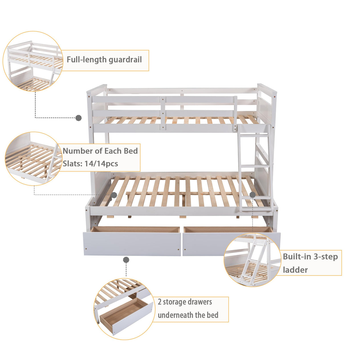 Merax Twin Over Full Bunk Bed, Wood Bunk Bed with Removable Ladders and Two Storage Drawers, Convertible into Two Individual Beds (White) Merax