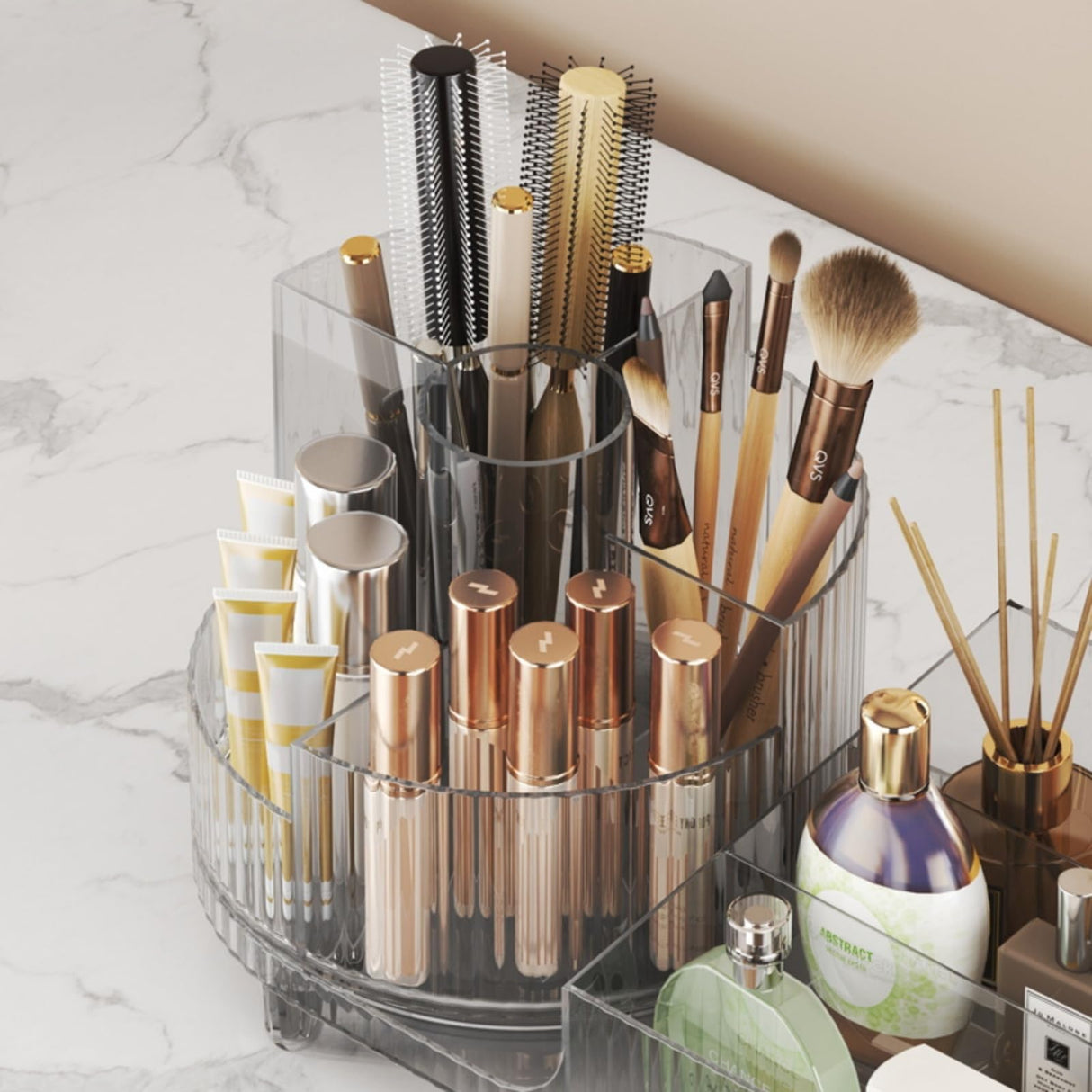 Rotating makeup organizer,Large Capacity Cosmetic Display Case, easy to hold all of your makeup products, at least 20 makeup brushes/eyeliner,10 lipsticks,8 skincare products(Crystal Amber) Booklov