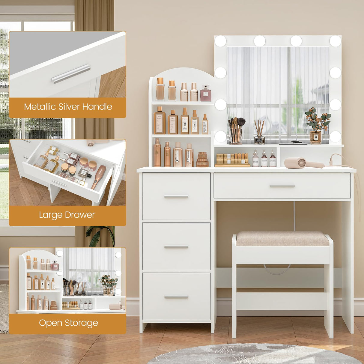 Quimoo Makeup Vanity with 10 Light Bulbs and Charging Station, Vanity Desk with Lighted Mirror & 4 Drawers Chest, Vanity Set, Vanity Table Set with Cushioned Stool, for Bedroom,White Quimoo