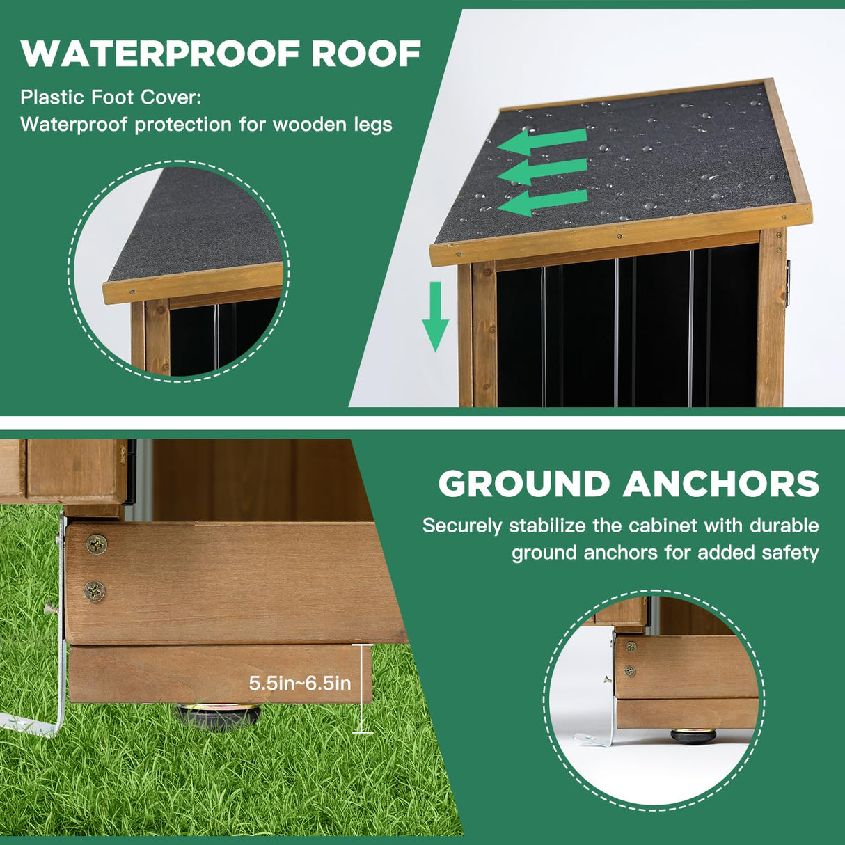 Ketive Outdoor Storage Cabinet Wood & Metal, Storage Shed Waterproof Double Lock for Anti-Theft Removable Shelves Adjustable Feet Wooden Floor for Patio, Garden, Lawn Pool Storage, 46" X 18" X 68" ketive