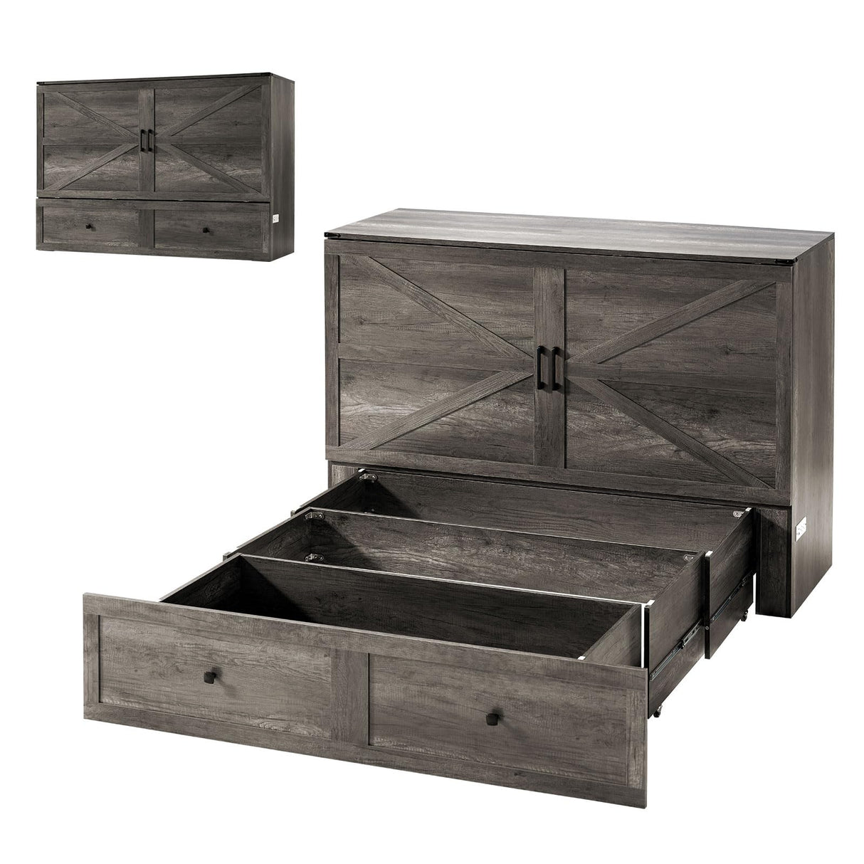 AMERLIFE Queen Murphy Bed with Storage & Charging Station, Farmhouse Murphy Cabinet with Foldable Panel, Noisy Free, for Living Room, Guest Bedroom, Office, Rustic Gray AMERLIFE