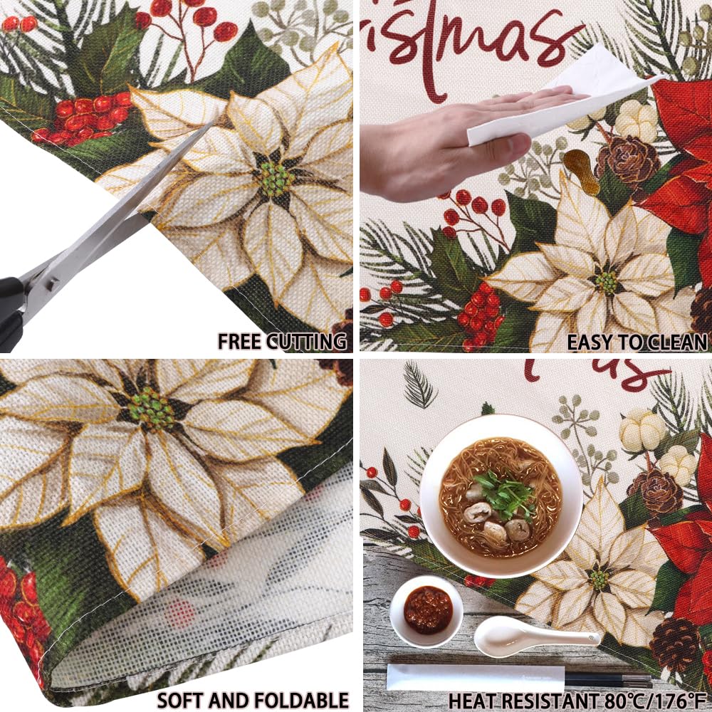 Heirloom Haven 4PCS Merry Christmas Placemats 12x18 inch Red Floral Holly Seasonal Winter Place Mats Rustic Plastic Christmas Table Mats for Kitchen Dining Indoor Home Party Decoration Heirloom Haven