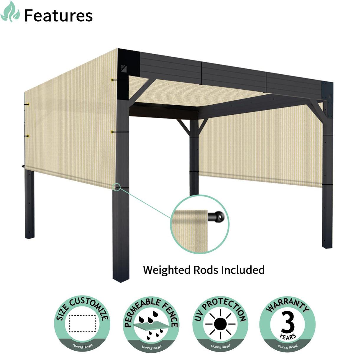 SunnyRoyal Pergola Shade Cover 8' x 16' Replacement Canopy Shade Cover for Pergola with Grommets Sun Shade Cloth Sail for Outdoor Privacy Patio Garden Weighted Rods Included (Beige) SunnyRoyal