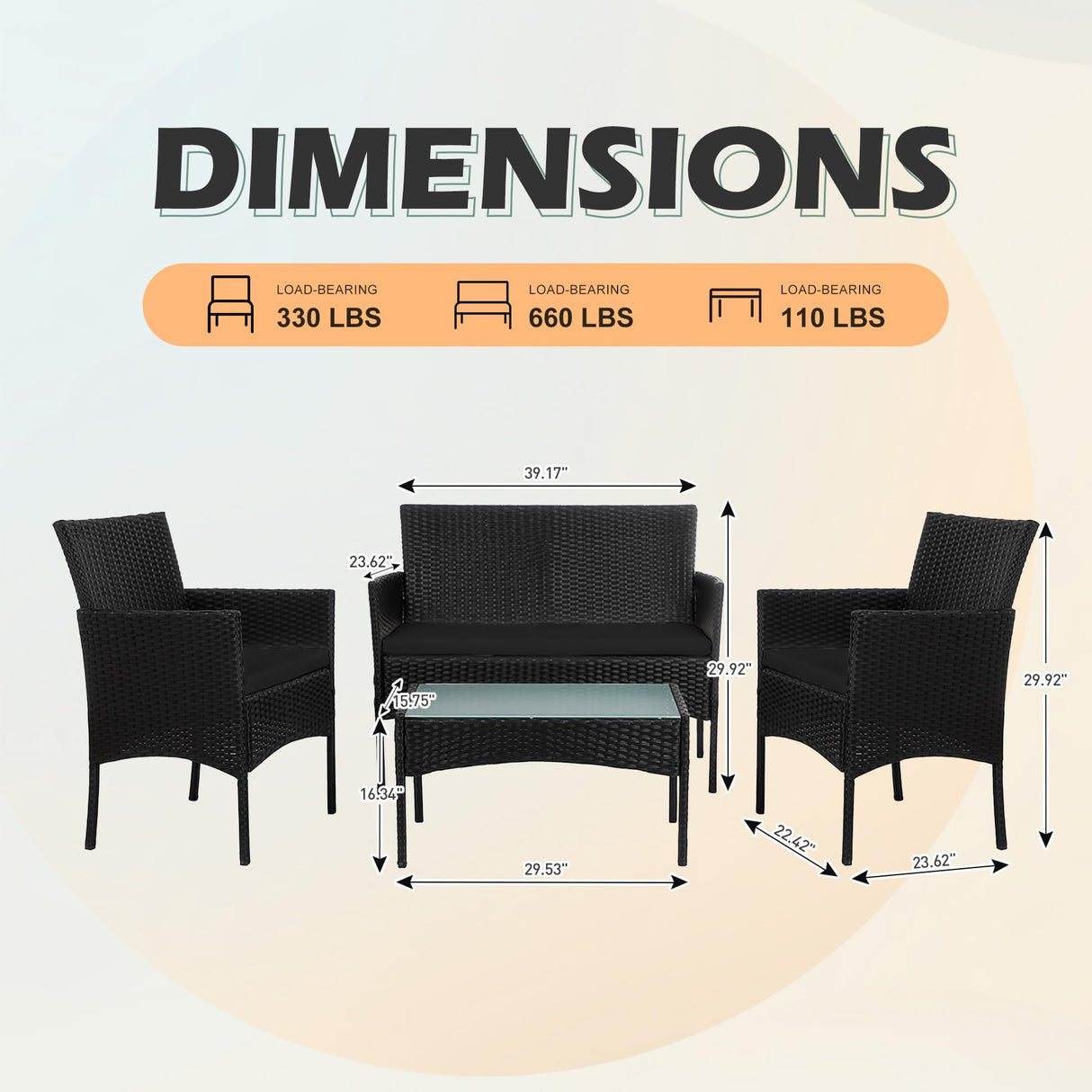 PROHIKER 4 Piece Outdoor Wicker Patio Conversation Furniture Set, Rattan Chair Wicker Sofa Garden Conversation Sets with Cushion and Glass Table for Yard Pool or Backyard, Black/Black PROHIKER