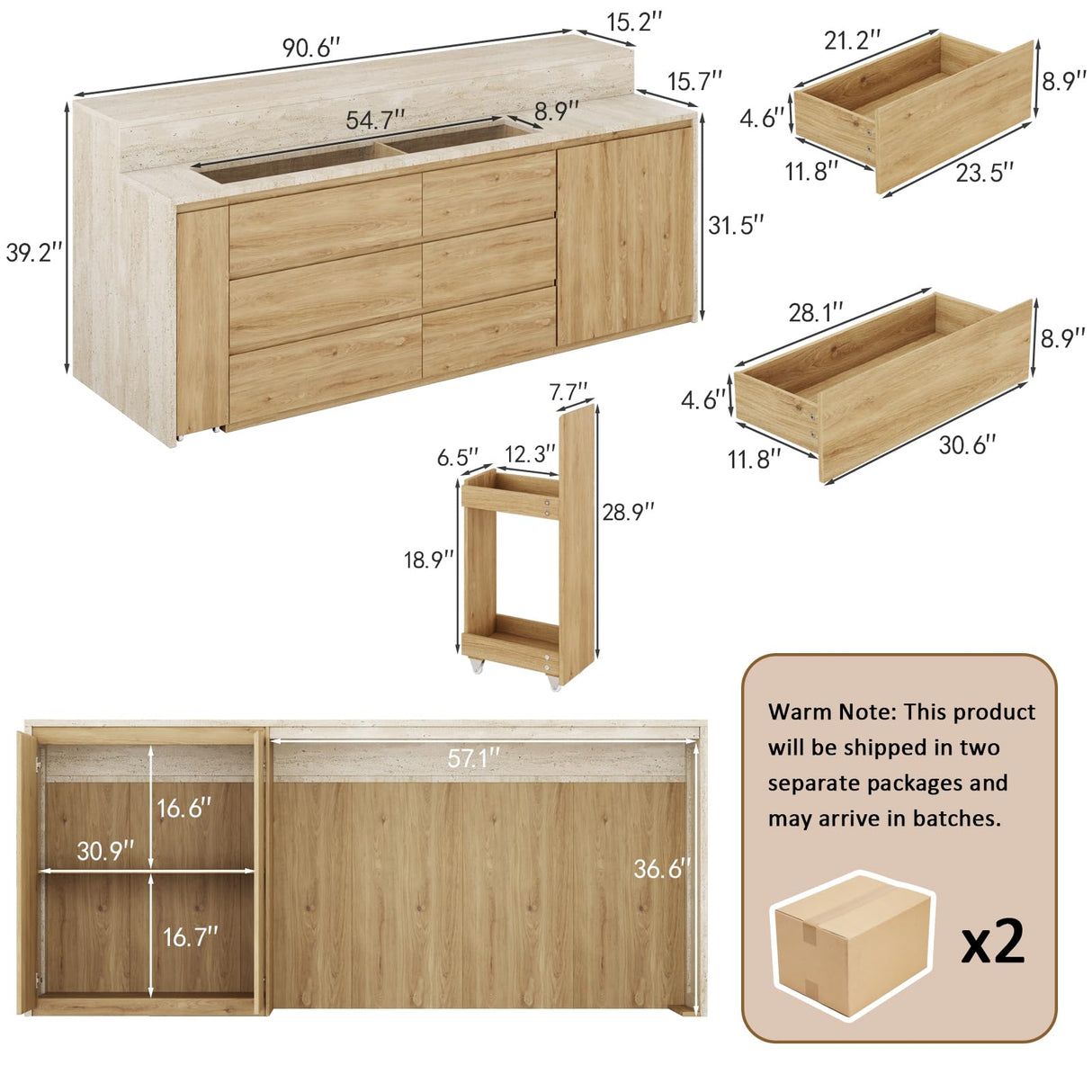 90.6"W Stationary Kitchen Island with Double-layer Countertop, Kitchen Island Storage Cabinet with Adjustable Shelves & 6 Drawers, Island table with Pull Out Spice Rack for kitchen , Dining Room UKAOCAI