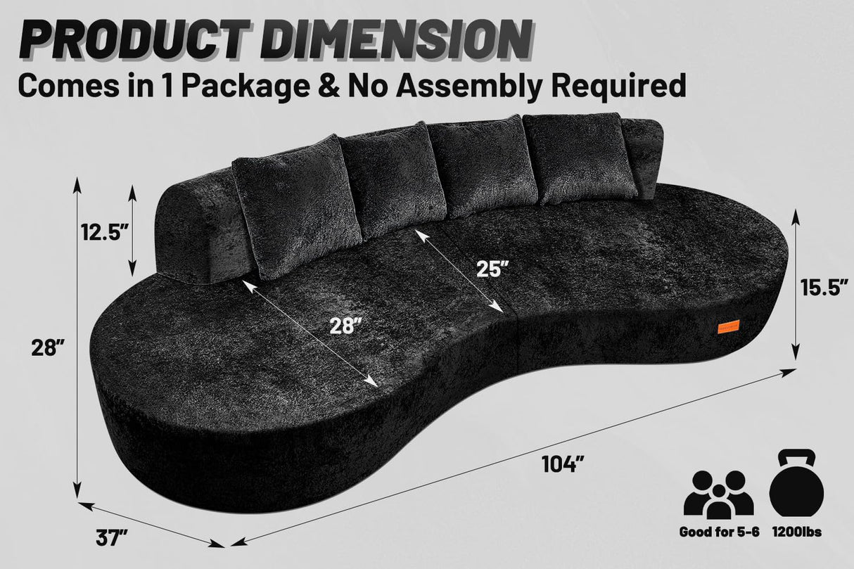 HABUTWAY 104'' Modular Sectional Sofa with Memory Foam Filled, Modern Curved Sofa Deep Seat Cloud Couch with 4 Pillows, No Assembly Required, Oversized Couches for Living Room Apartment Office, Black HABUTWAY