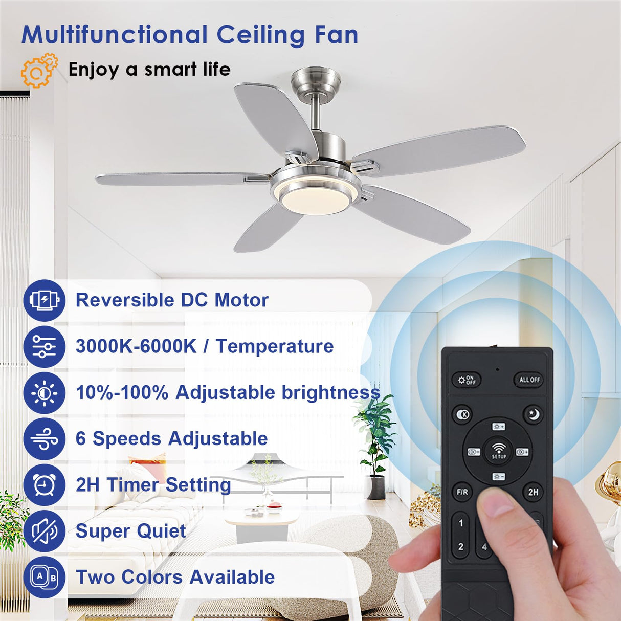 Ceiling Fans with Lights and Remote/APP Control,50“ Modern Ceiling Fan with Quiet Reversible DC Motor, 5 Dual Finish Blades,Dimmable 3-Color LED Fandelier for Indoor Bedroom,Livingroom Nickel Hounberi