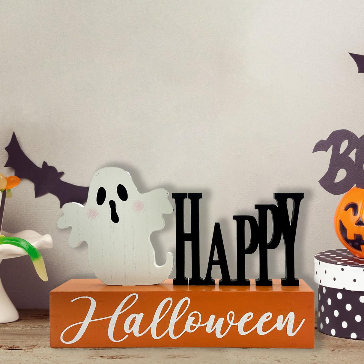 Halloween Decorations Indoor Happy Halloween Sign Ghost Wooden Block Rustic Farmhouse Home Table Top Decor for Fireplace Tier Tray Mantle Haunted House Shelf Eternhome
