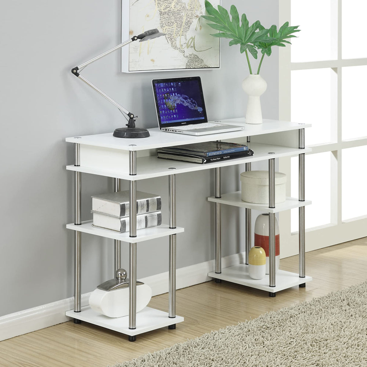 Convenience Concepts Designs2Go No Tools Desk Home Office Desk with Shelves, Corner Shelf Vanity Desk Computer Desk Nail Table for Nail Tech - 47.25" L x 15.75" W x 30" H, White Convenience Concepts