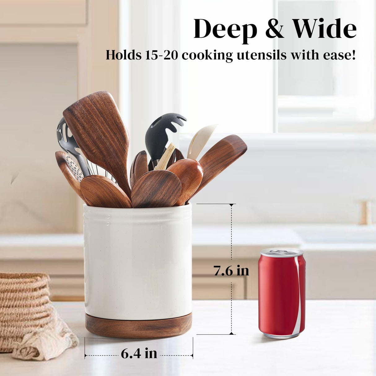 DOWAN 7.6" 360° Rotating Utensil Holder, Cooking Utensil Holder, Kitchen Utensil Holder for Countertop, Ceramic Utensil Crock, Large Utensil Holder for Kitchen Counter, Protection Cork Bottom, White DOWAN