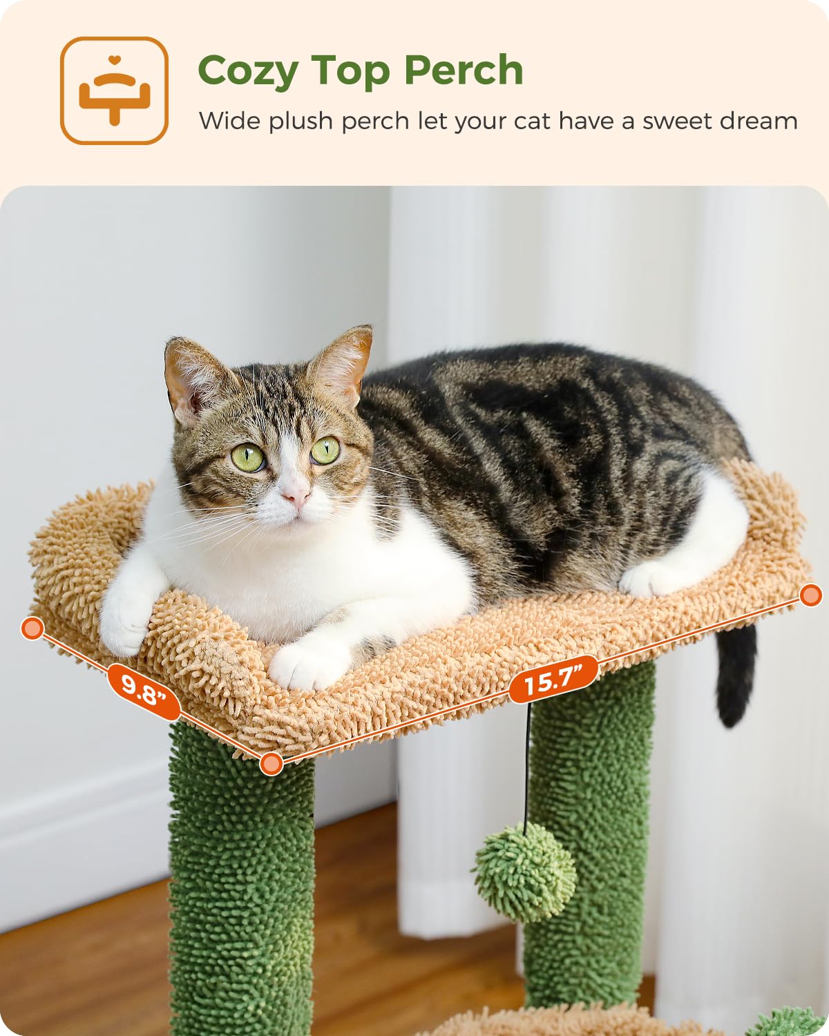 PEQULTI 4-in-1 Cactus Cat Tree, 33'' Cat Tower for Indoor Cats with Large Condo, Cat Scratching Post for Cats with Deep Hammock& Cozy Top Perch,Green PEQULTI