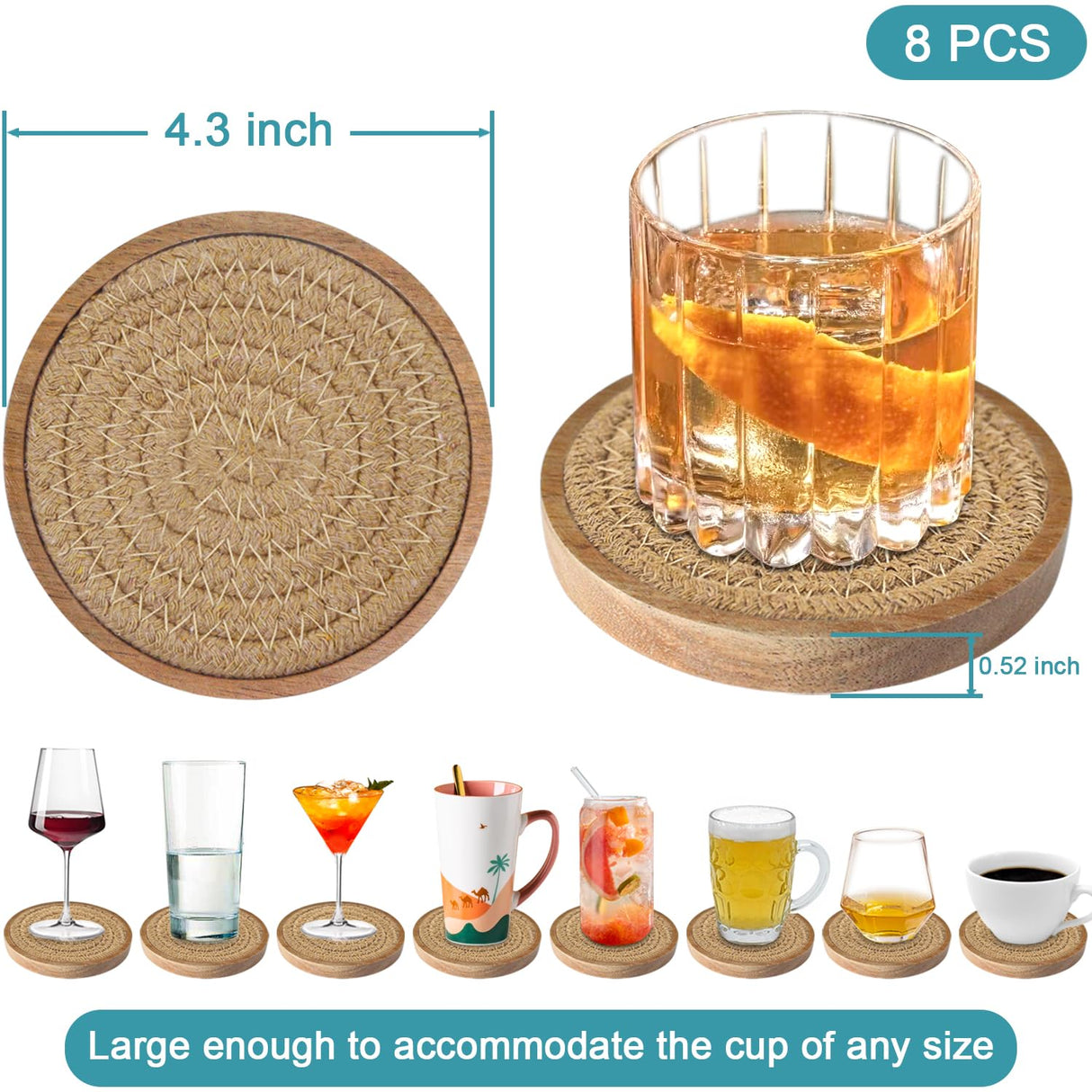 Eykao Wood Coasters for Drinks, Absorbent Coaster Sets of 8, Woven Drink Coasters for Coffee Table, Housewarming Gift for Farmhouse Home Decor,4.3 inches Brown Eykao