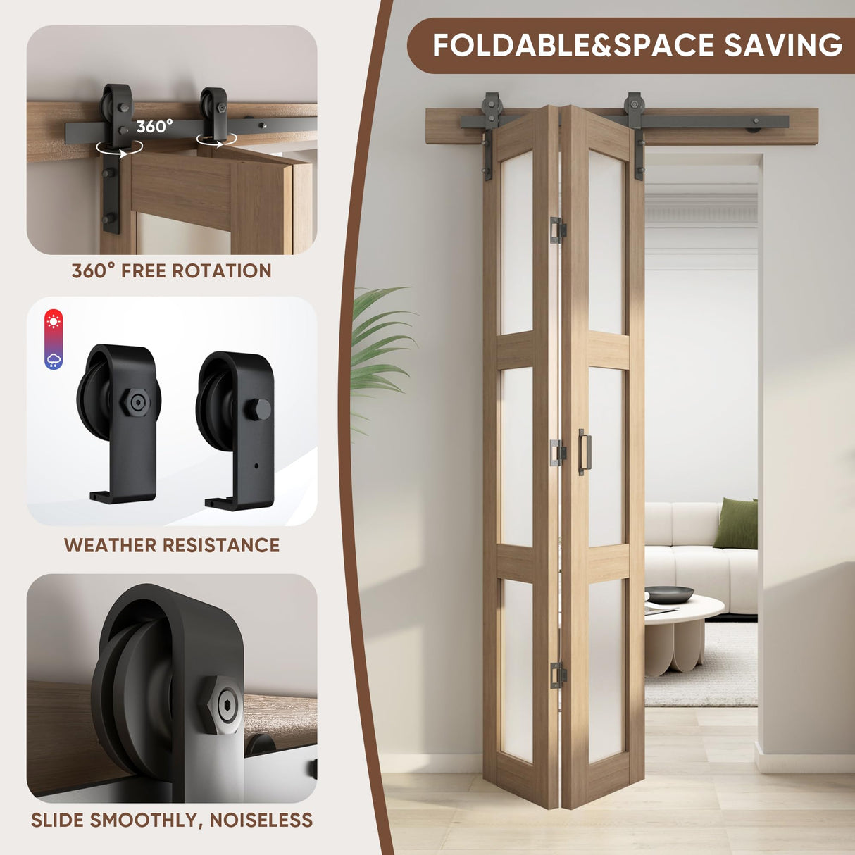 JUBEST Bifold Glass Barn Door, Bi Fold Glass Sliding Barn Door Kit with Hardware Include, 3-Panel Glass Barn Door Slab, Barn Door Hardware for Bedroom, Living Room, Bathroom, Brown (36"x84") JUBEST