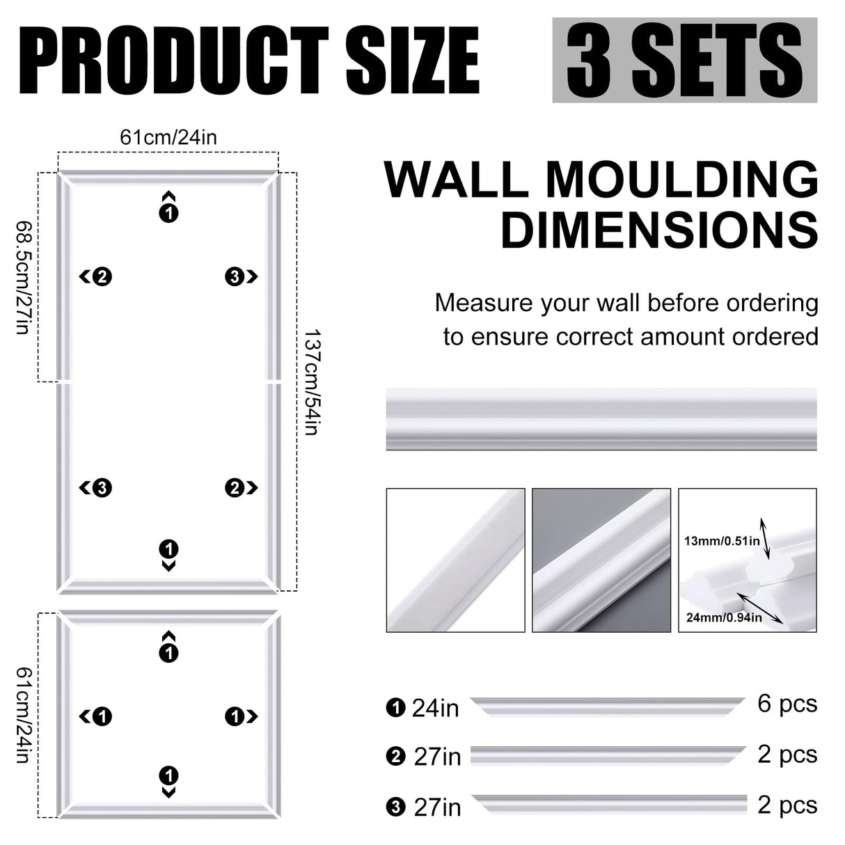 Pangda 3 Set Peel and Stick Wall Molding Kit, Premade Accent Molding Wainscoting Panel for Interior Wall Moulding Decor, Ready to Assemble Wainscoting Accent Panel (54 x 24 in) Pangda