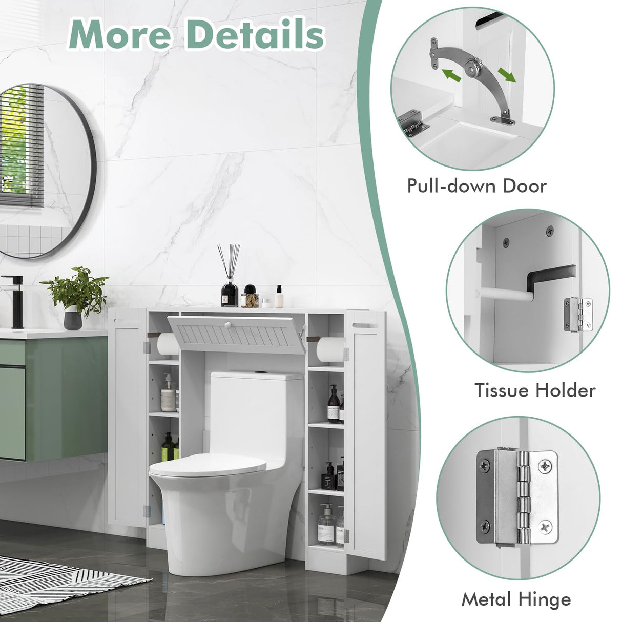 Tangkula Over The Toilet Storage Cabinet, Bathroom Space Saver w/Adjustable Shelves & Paper Holder, Freestanding above Toilet Organizer w/ 2 Side & Pull-Down Door for Bathroom Storage (White) Tangkula