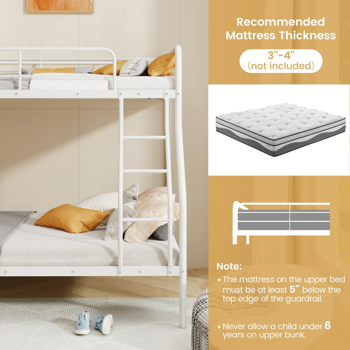 Giantex Metal Bunk Beds Twin Over Full Size, Heavy Duty Bunk Bed for Teens Adults with Ladder & Guardrails, Space Saving Metal Bunk Bed for Dorm, Bedroom, Apartment, No Box Spring Needed (White) Giantex