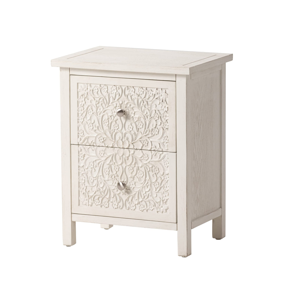 COZAYH Farmhouse Fully-Assembled Nightstand with 2-Drawer, Flower Motif End Table for Small Spaces, French Country, Modern, Distressed Finish, White-Washed COZAYH