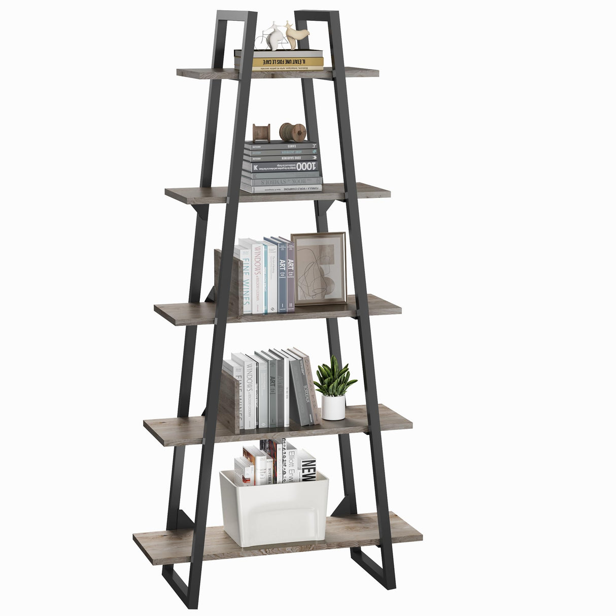 IDEALHOUSE 72" Book Shelf with Metal Frame, A-Shape Ladder Shelf with 5-Tier Wood Adjustable Shelves, Industrial Bookcase with Function Bezel for Home Living Room Bedroom Office Storage, Rustic Oak IDEALHOUSE