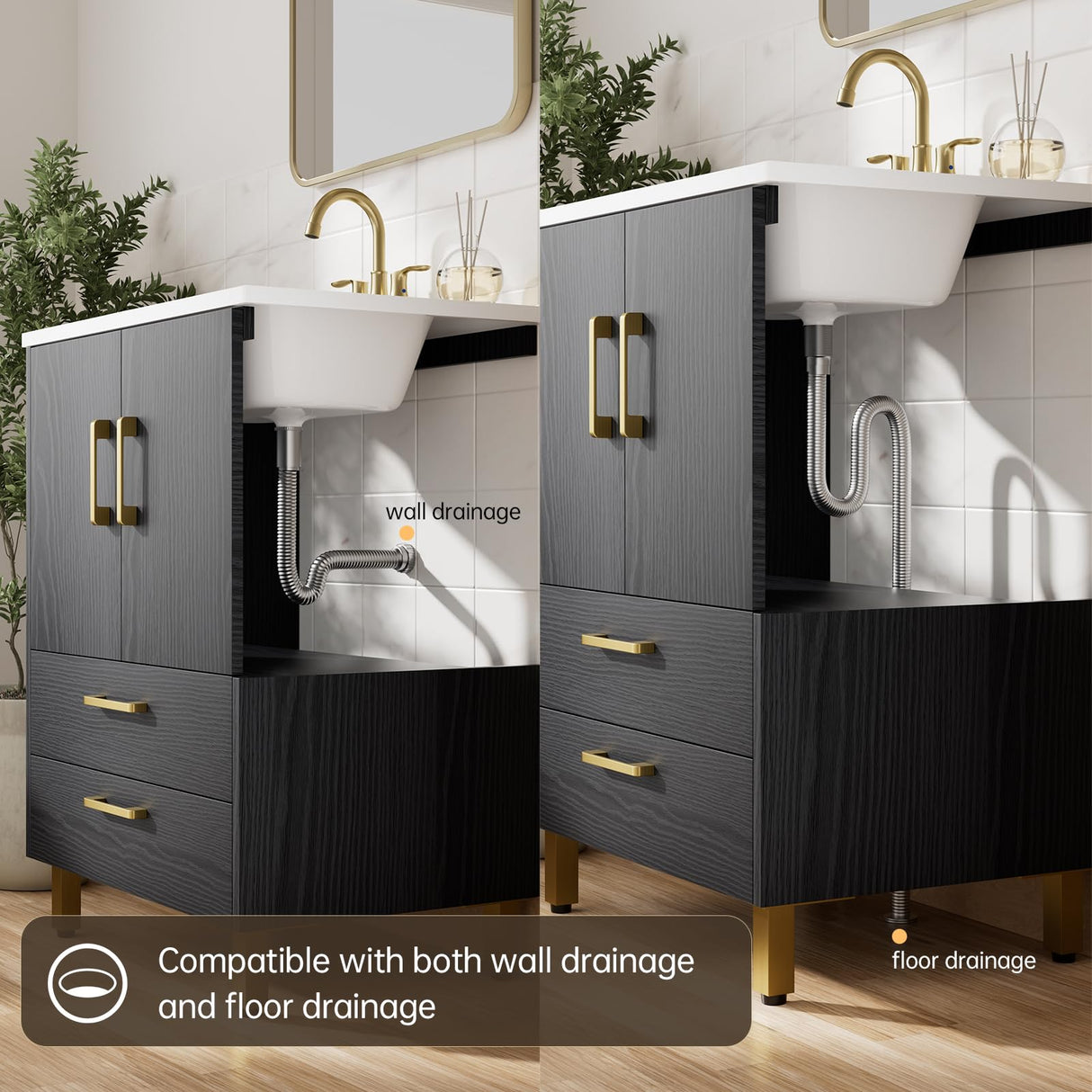 phiestina Fully Pre-Assembled Black 24 inch Bathroom Vanity, 2 Soft Close Doors and 2 Drawers Bathroom Storage Cabinet Set, with 3 Holes Single Ceramic Sink Combo, Faucet Not Included,BV02-BLACK-JH phiestina