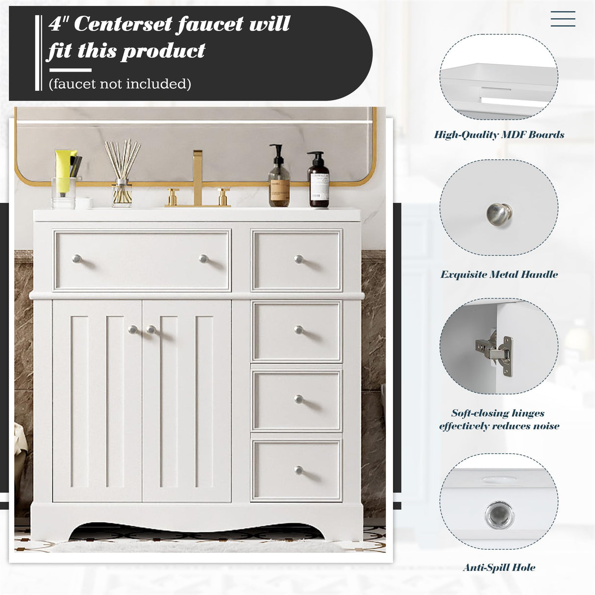 36 Inch Bathroom Vanity with Sink, Bathroom Vanities 36-Inch with Sink, Modern 36 Bathroom Sink Vanity with 2 Drawers, 1 Flip Drawer and Cabinet for Bathroom No Mirror (White) Mirightone