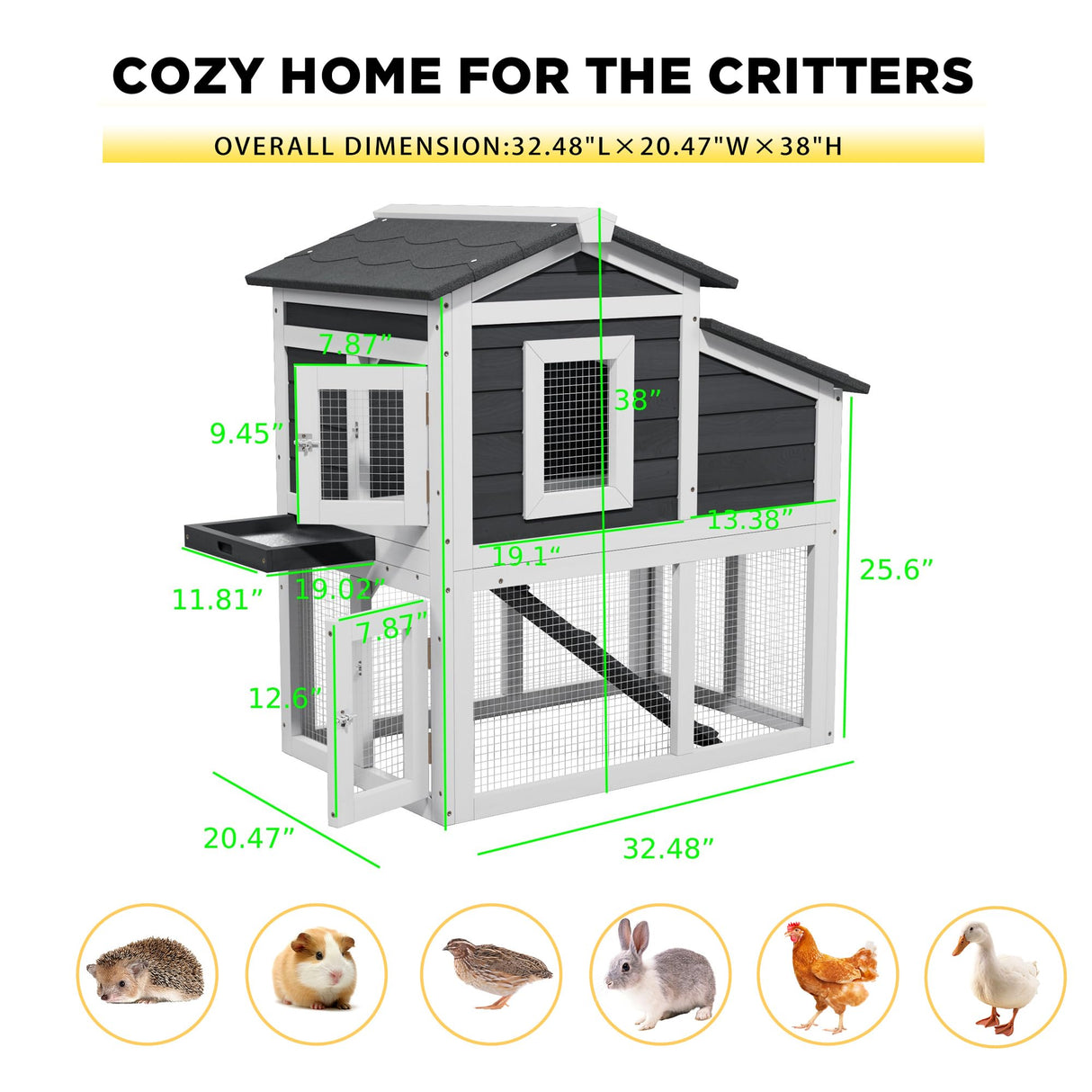 Wooden Chicken Coops with Nesting Boxes Indoor Outdoor,Small Chicken Coop for 2 Chickens,Bunny House Rabbit Hutch Poultry Pet Run Cage with Waterproof Roof,Stairs&Removable Tray TenaoVilleux